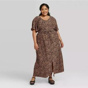Ava & Viv | Printed Flutter Elbow Sleeve Maxi Dress